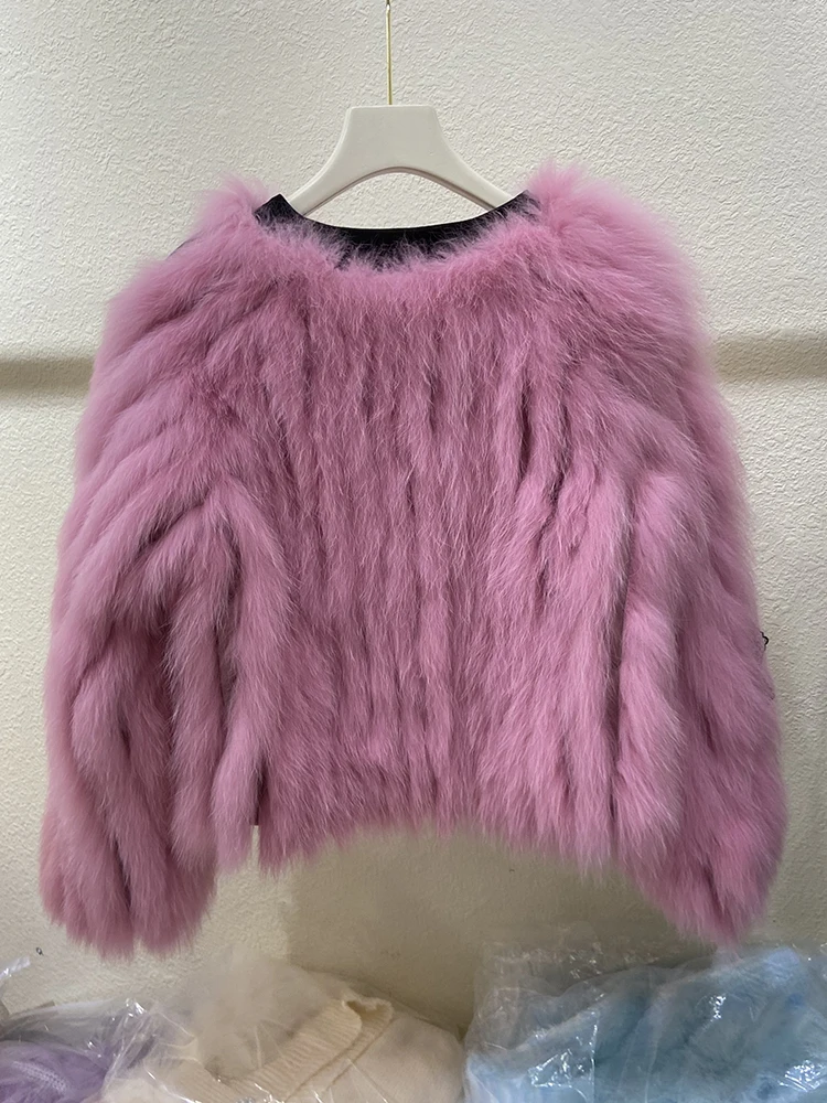 New Arrival Women Thick Purple Real Fox Fur Strip Sewed Toghter Loose Winter Short Pink Real Fox Fur Overcoat