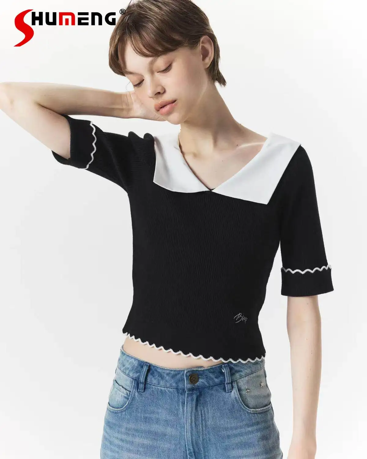 Japanese Style Women's Black Knitted T-shirt Summer New 2026 Female Clothes Lady Slim Letter Embroidered Lapel Cute Casual Top