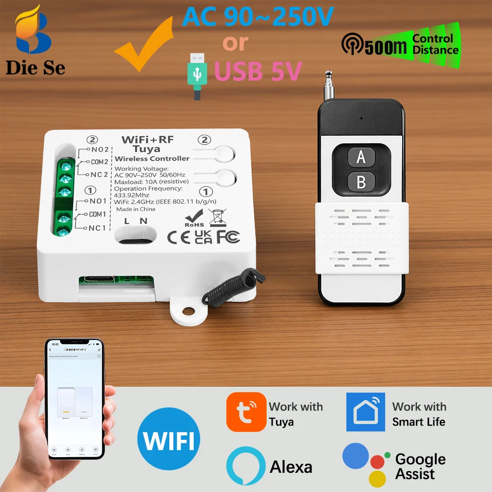 WiFi RF Garage door inching Switch AC 90~250V 2CH Relay 433MHz Wireless Remote Control 500m work with Tuya,Google Assist,Alexa