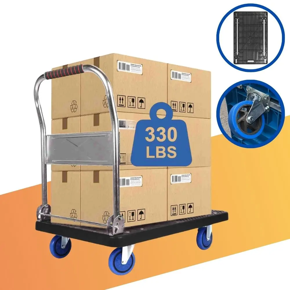 Chariot Pliant Haute Résistance, 150 kg de Capacité, Roues Avant Pivotantes à 360°, Surface Antidérapante, Pliage avec Pédale pour Déménagement, Garage, Stockage