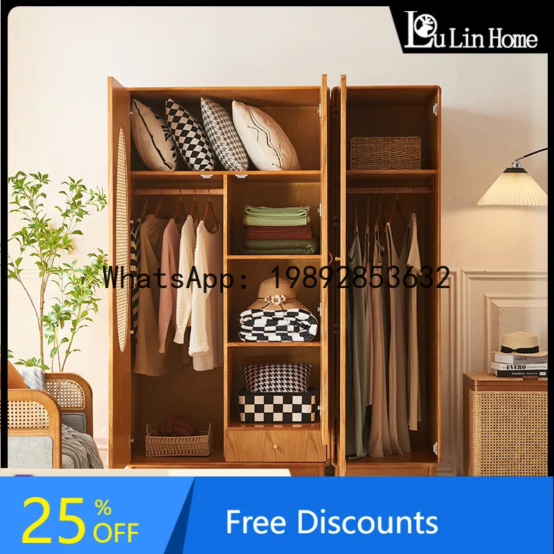 

ZK New Chinese Style Rattan Woven Solid Wood Wardrobe Combination Large Capacity Partition Three-Door Multi-Functional Closet