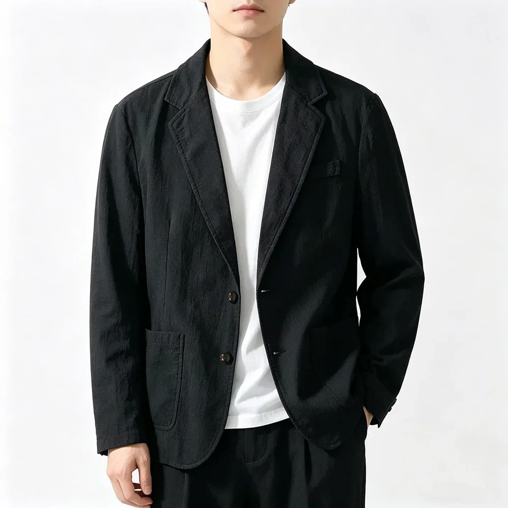 Men's Cotton Linen-like Blazer Jacket Notch Lapel 2‑Button Lightweight Casual Suit Coat Solid Color Male Fashion Outerwear