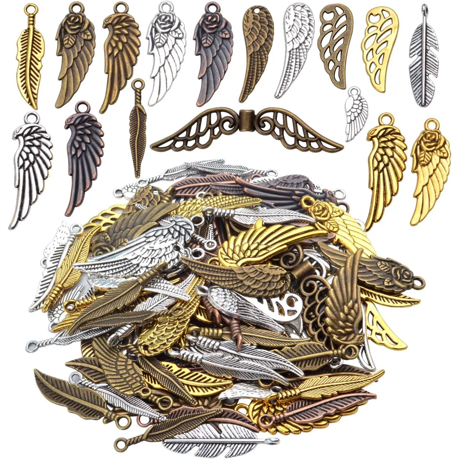 

100 шт., разноцветные сплавы, крылья ангела с перьями, подвески, подвески, ювелирные изделия для DIY, ожерелье, браслет