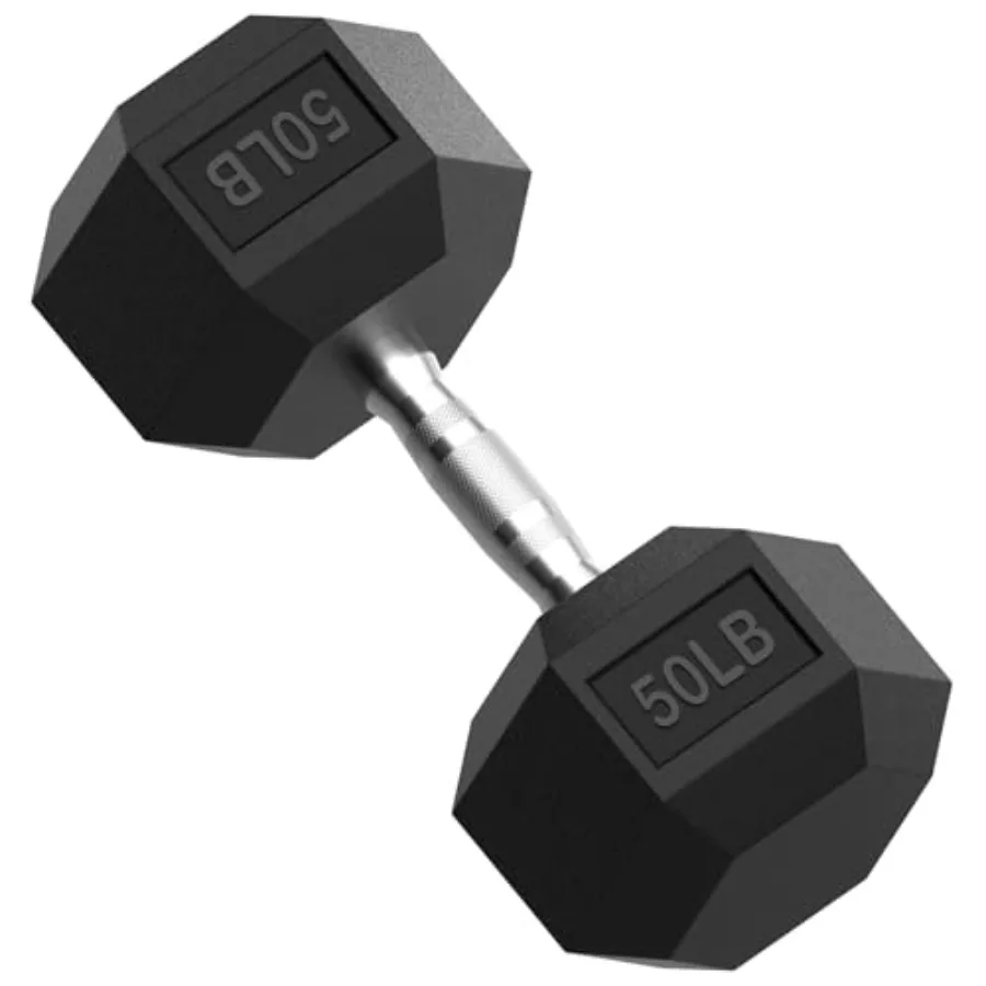 

50lb Single Rubber Encased Hex Dumbbells for Strength Training Fitness Home Gym Free Weights Durable Black