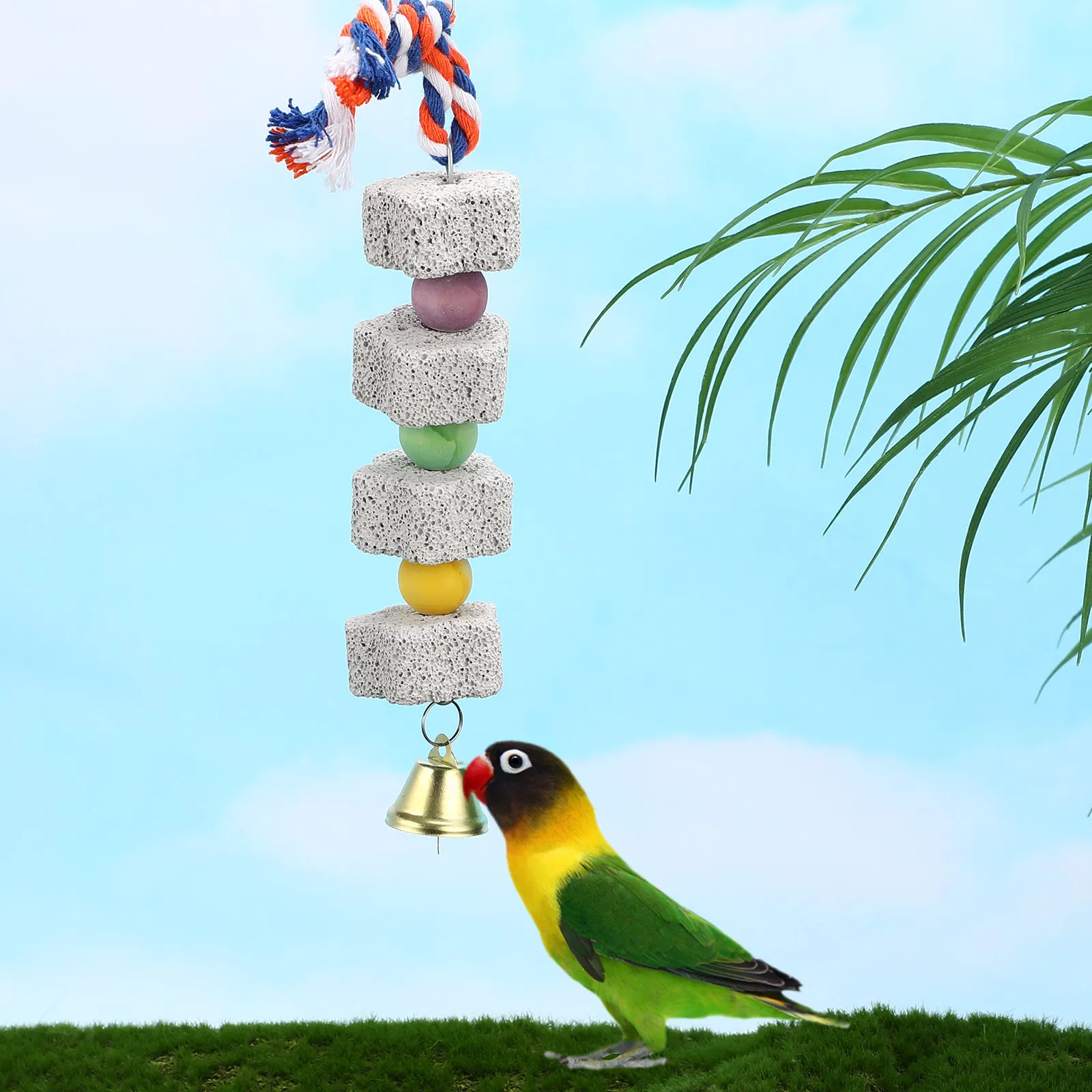 4Pcs Parrot Grinding Stones Chew Calcium Beak String Colorful Beads Bell for Cage Parakeets Conures Cockatiels