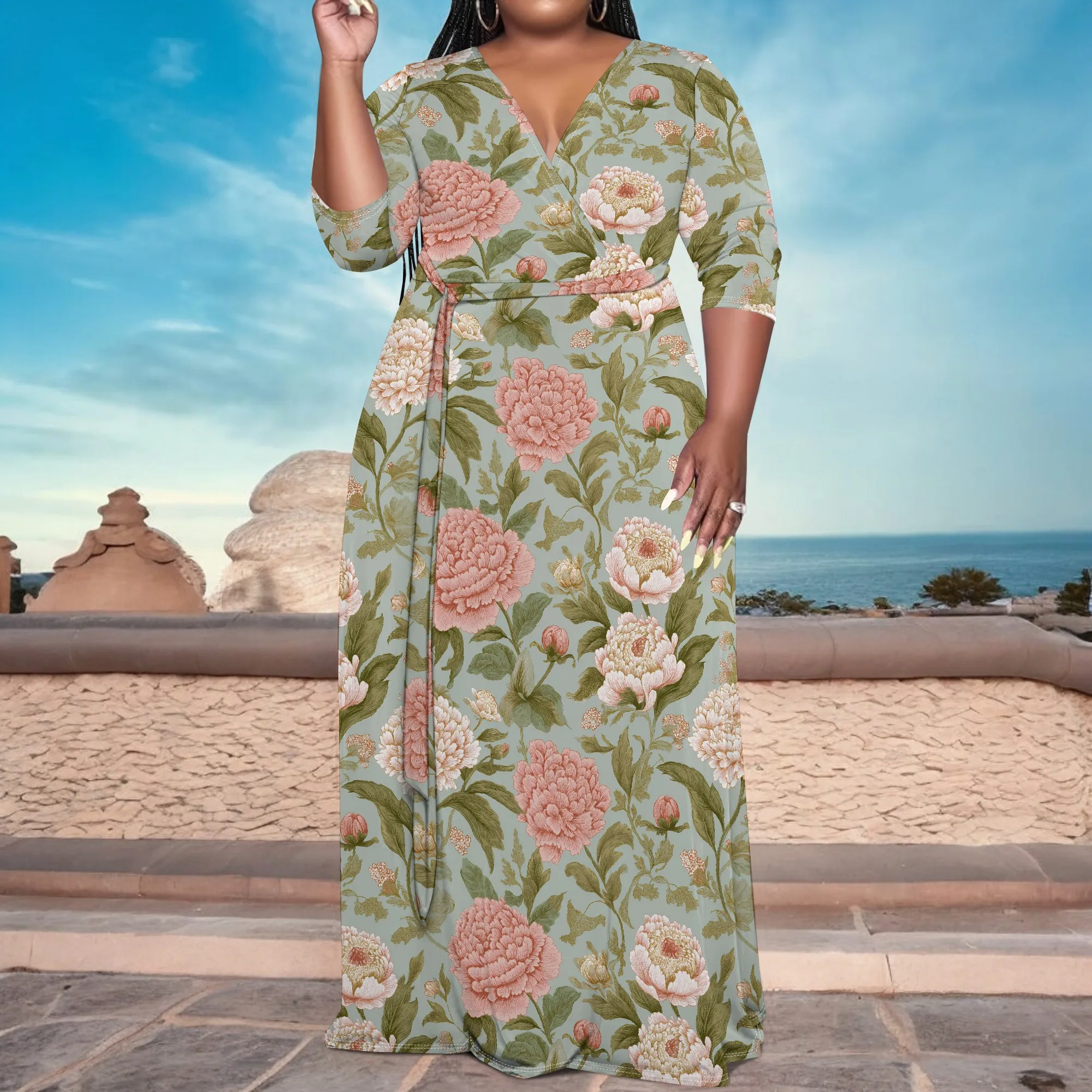 Vestido maxi plus size com estampa de rosa amarela elegante verão estilo boho roupa de festa