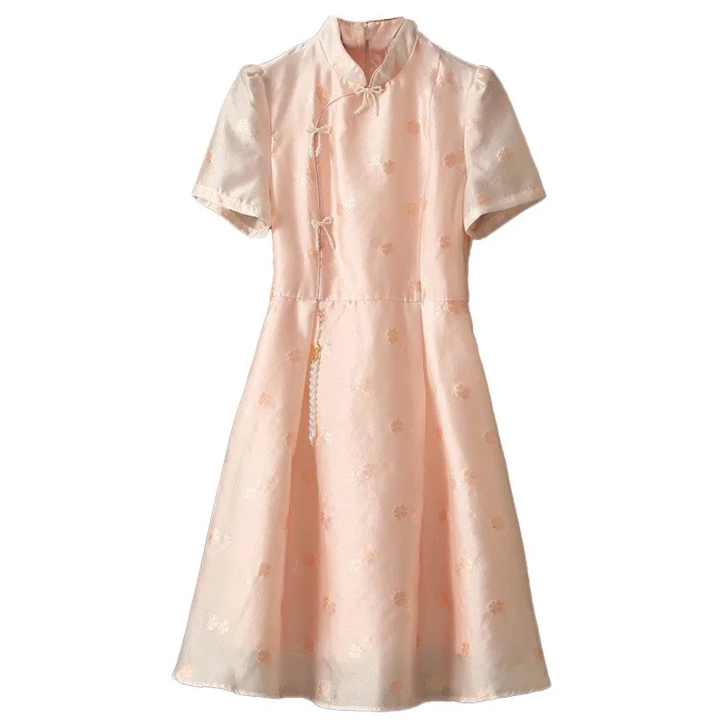 High Quality |Short Sleeve Pink Girl's Flower Beads Stand Collar Improved Large Swing Cheongsam Women Dress