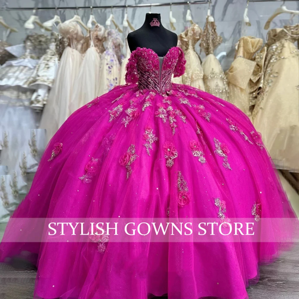 Fuchsia 3D Flower Quinceanera Dresses Ball Gown Bead Appliques 2024 Birthday Luxury Dress Bow Special Occasion Gown Customized