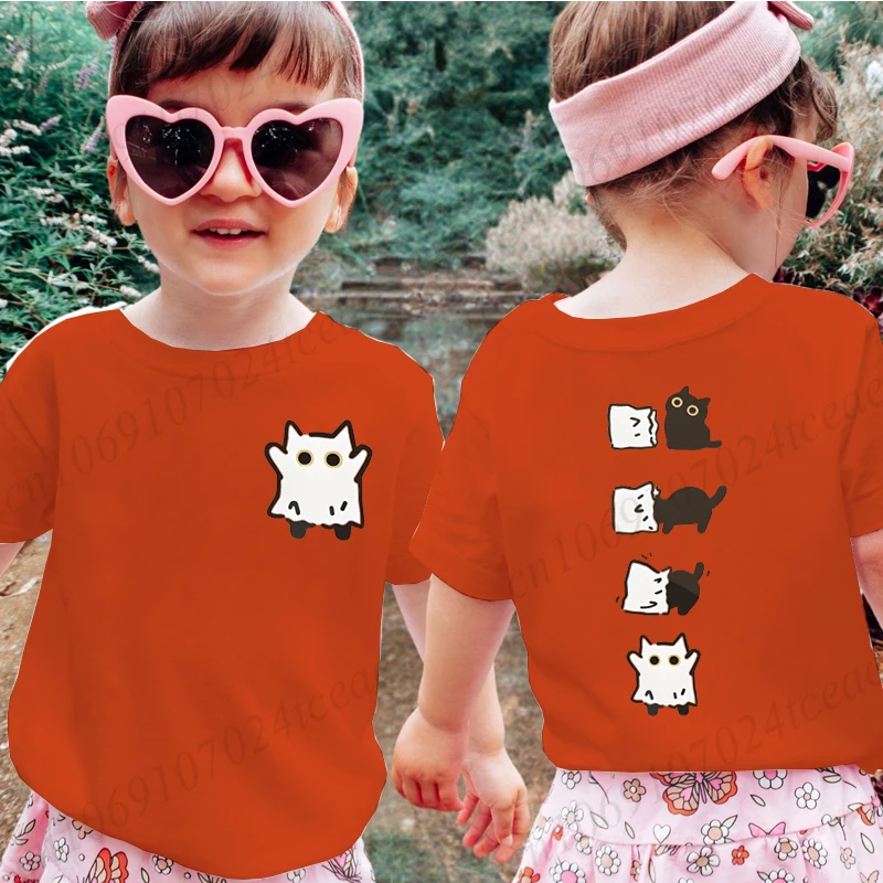 

Summer New Kids Tshirts Boo Black Cat Printed Cartoon T Shirt for Girls Cotton T Shirt Tees Tops Children Halloween Clothes