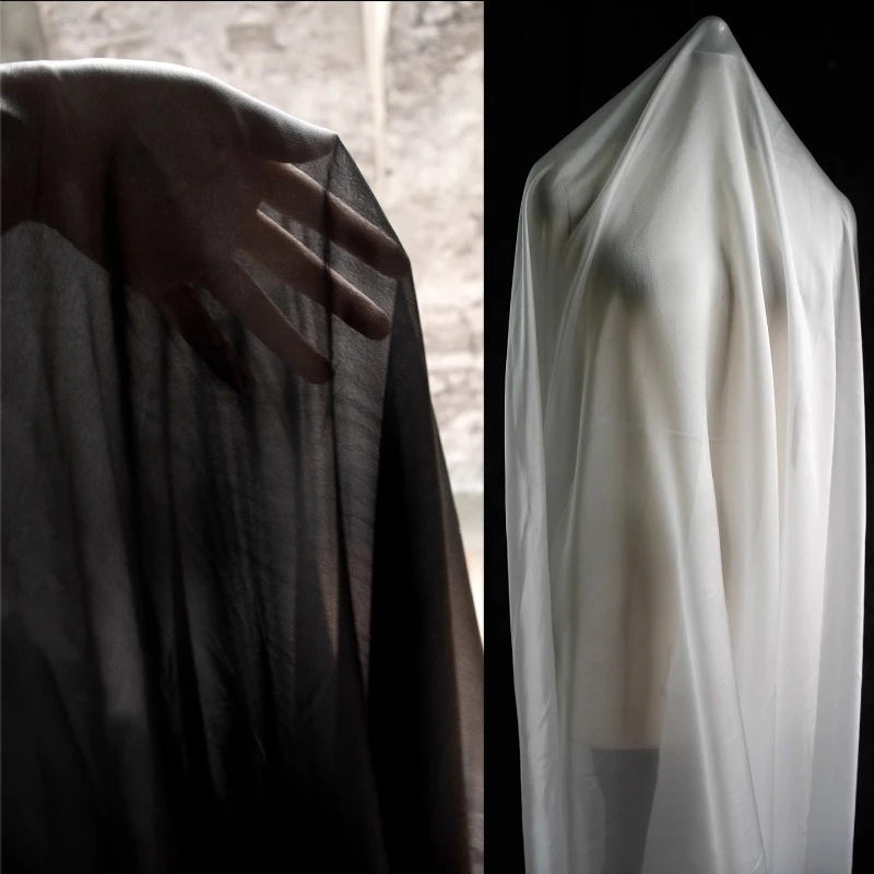 Прозрачная черно-белая креповая шифоновая ткань, роскошная полупрозрачная шелковая органза, дышащая драпированная дизайнерская ткань от кутюр