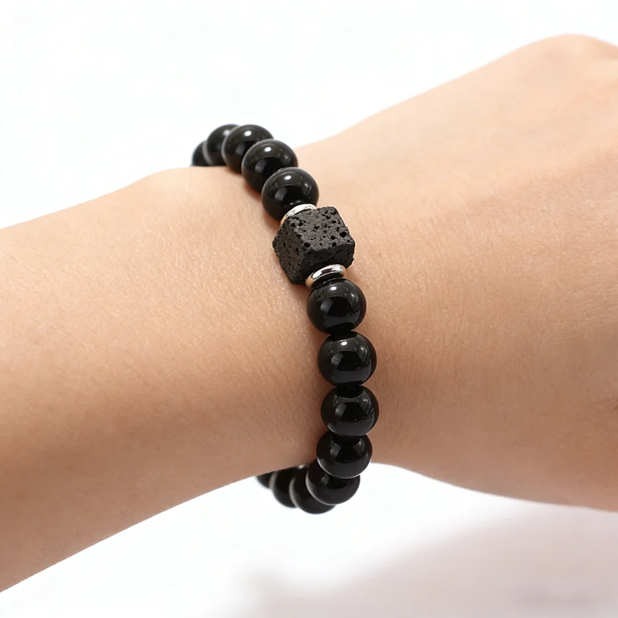 Handmade Positive Energy Strand Bracelet Unisex 8mm Lava Onyx Stone Beaded Healing Wrist Accessories Couple Braslet Pulseria