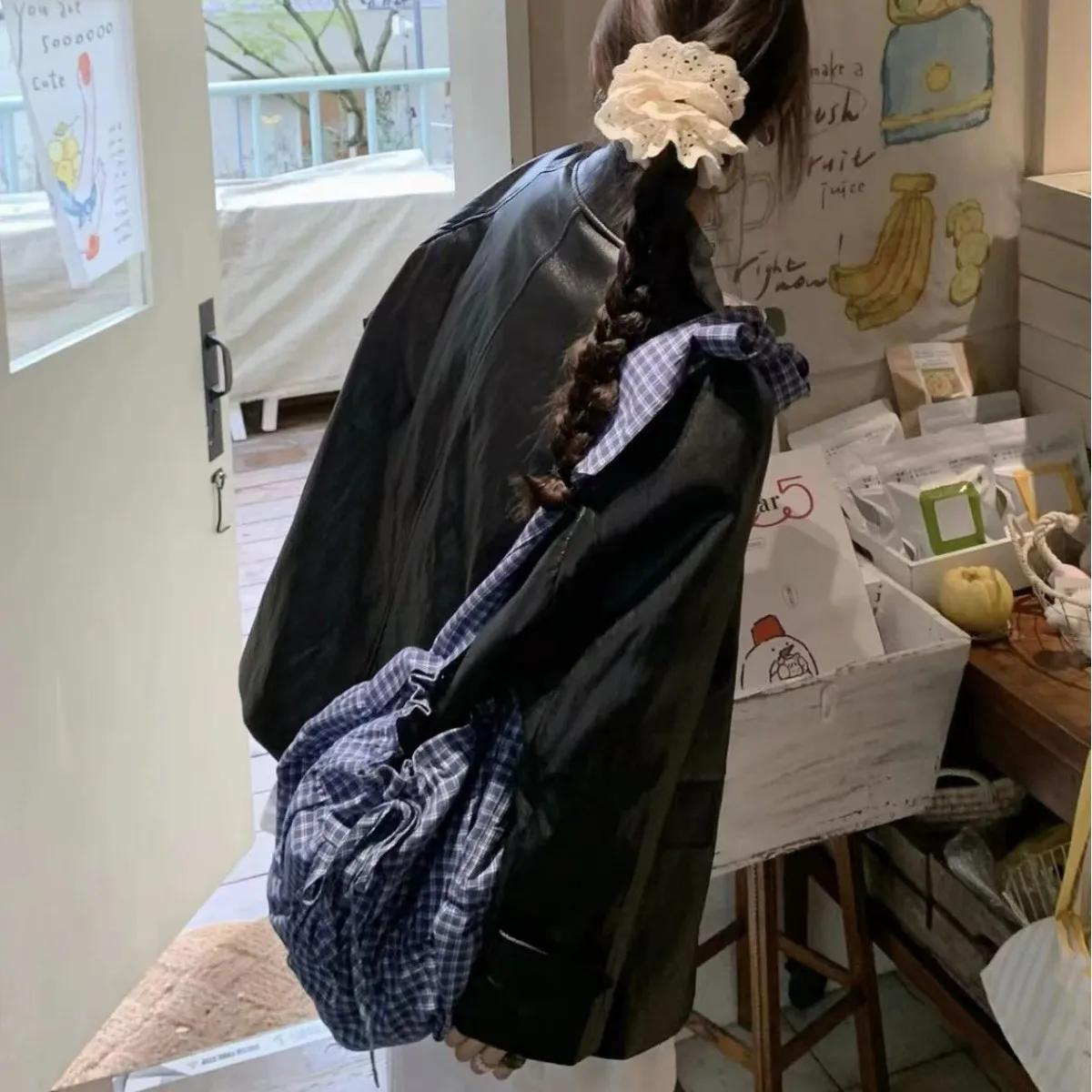 Summer New Korean Style Retro Checkered Drawstring Pleated Crossbody Bag Large Capacity Single Shoulder Tote Bag Sweet Style Bag