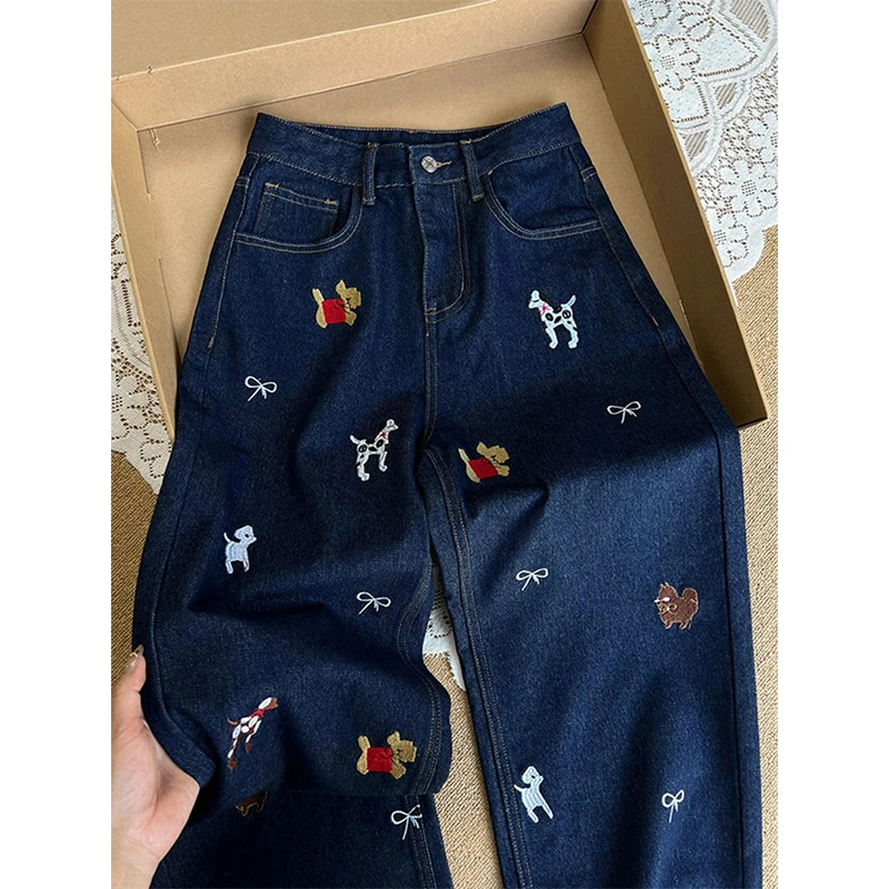 

MEXZT Y2K Cartoon Embroidery Jeans Women Streetwear Oversized Wide Leg Denim Pants Japanese Vintage High Waist Baggy Trousers