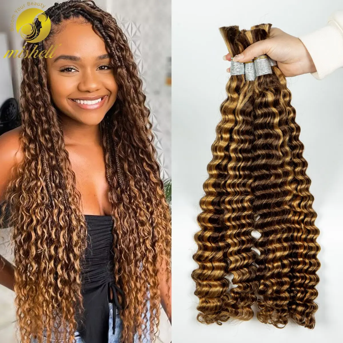 

Deep Wave 28 Inch Highlight Ombre Human Hair Bulk Braiding Extensions No Weft 100% Virgin Hair Bundle Braiding Hair for Braids