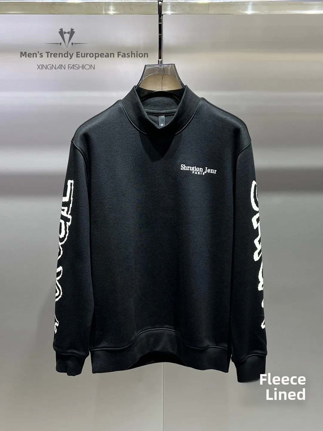 

Trendy Men's Fce Lined Hoodie Winter Warm Ne High Print Sweatirt Stand Fit Long Sve Youth Faion Base Layer irt