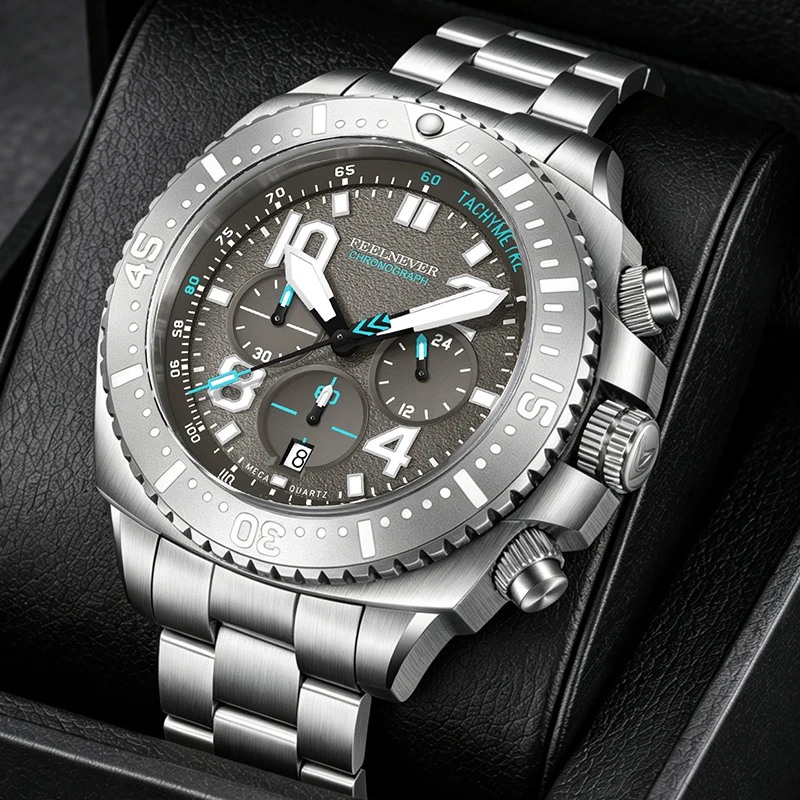 FEELNEVER Men's Watches Top Brand Luxury Sapphire Green Quartz Wristwatch for Men Fashion Business Diving Watch Men Montre Homme image 3