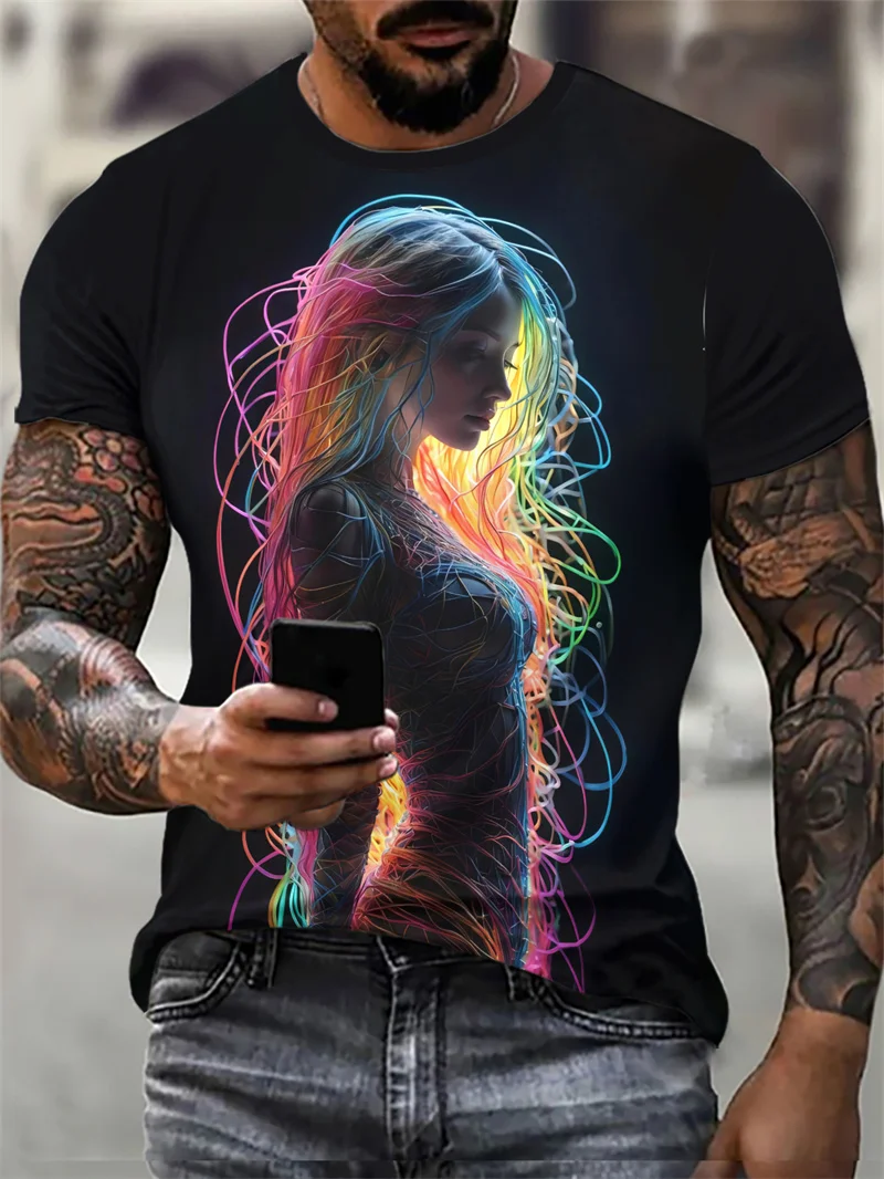 Camiseta tie-dye masculina, padrão de fone de ouvido impresso 3D, camiseta hip-hop, manga curta, o-pescoço, tops casuais soltos, 6XL, tamanho grande