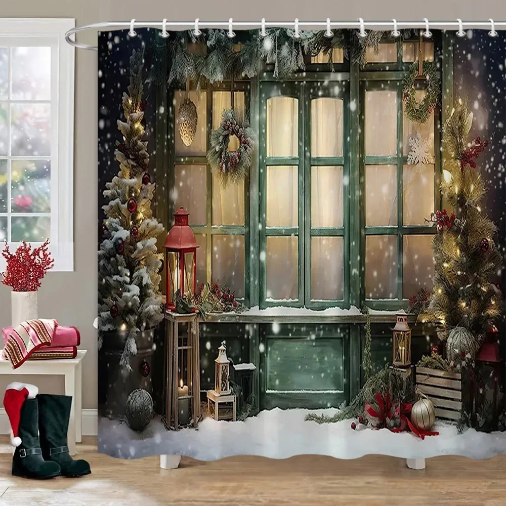 Cortina de ducha de fondo navideña, regalos navideños, chimenea, guirnalda de árbol de Navidad, cortinas de baño de tela, decoración de baño con ganchos