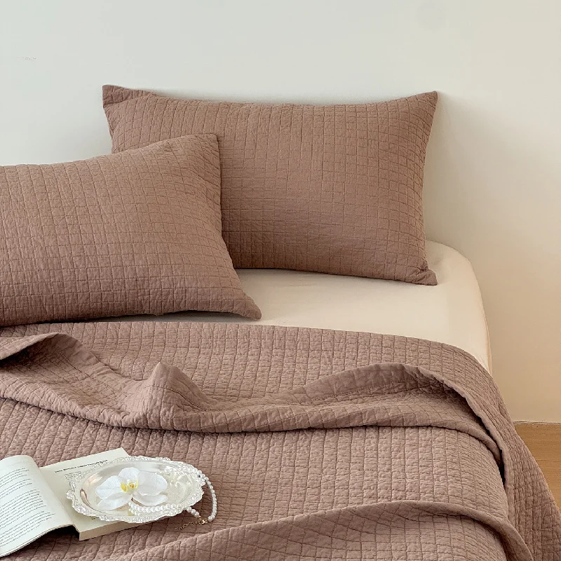 Solid Color Plaid Quilt Bedding Set 3-Pieces, 100% Cotton Quilted Bedspread with Pillowcases, Soft Lightweight Bedroom Decor