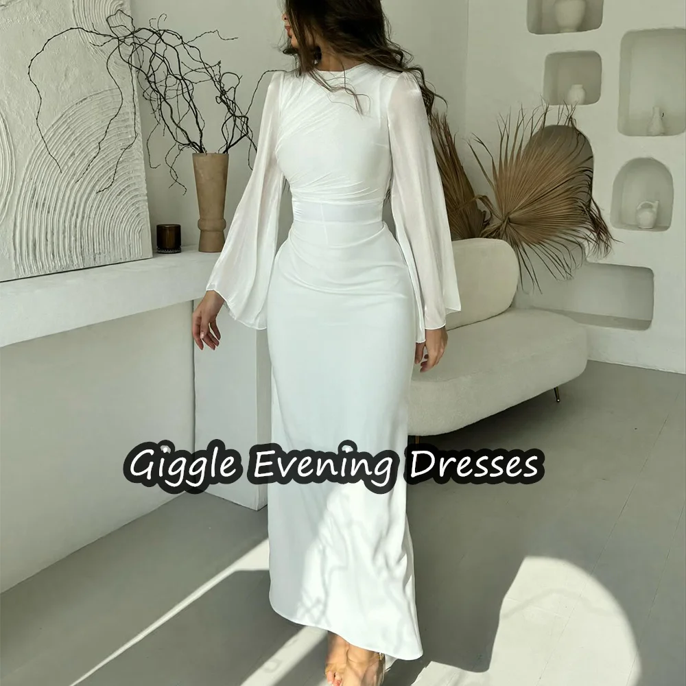 Giggle Chiffon Sheath O-neck Long Sleeves Simple Prom Gown Saudi Arab Ankle Length Elegance Evening Party Dresses for Women 2024