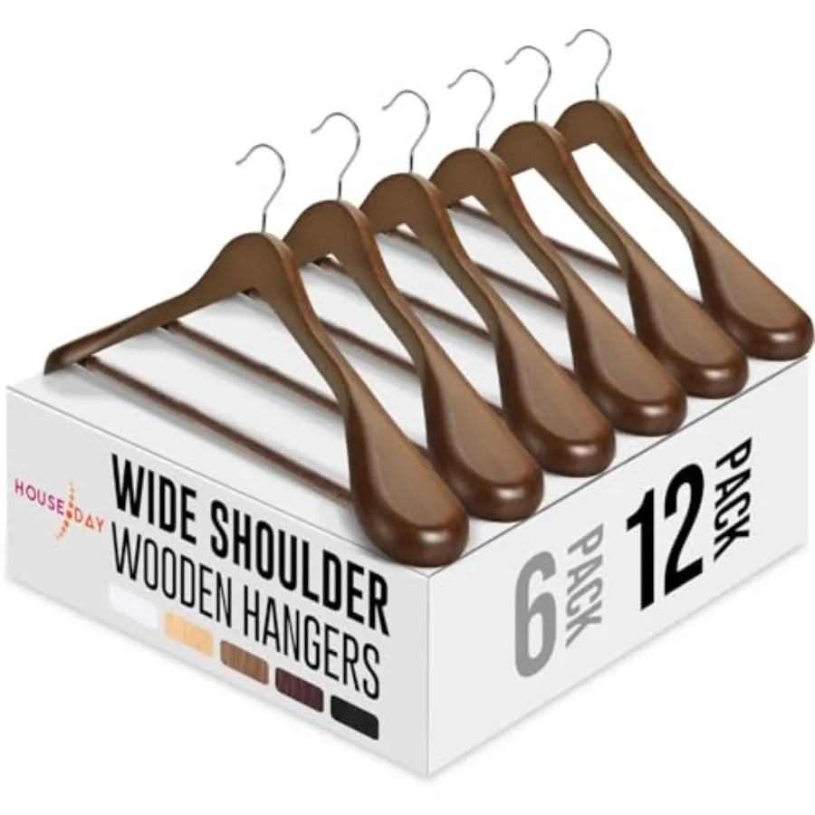 

12 Pack Wide Shoulder Wooden Hangers for Men Walnut Solid Wood Coat Hanger with Non-Slip Pants Bar Smooth Finish for Jackets Pa