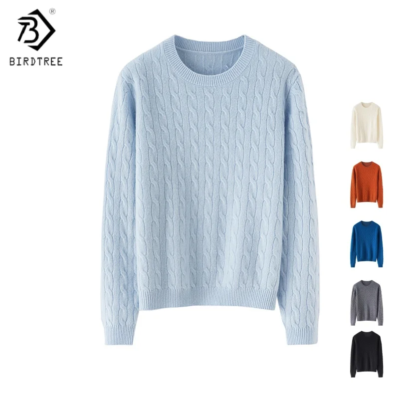 

Birdtree,100% Sheep Wool Sweater,Woman Knitted Warmth Tops,O-neck Full Sleeve,2025 Fall/Winter Solid Soft Pullover T5N208JF