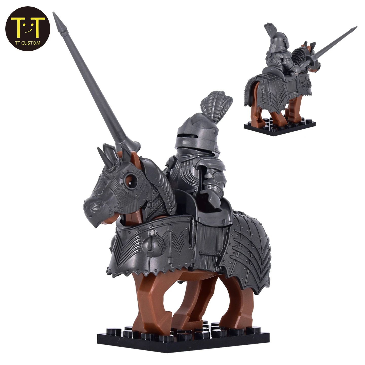 Gothic Style Silver Gray Knight on Warhorse, Detailed Armor Horse Trappings Building Block Toy Perfect for Medieval Enthusiasts