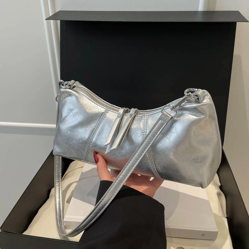 

Серебряная сумка из искусственной кожи, женская дизайнерская сумка, кошельки, модный красный кошелек 2025 года, двойная молния, полумесяц, полумесяц, бродяги, сумки на плечо