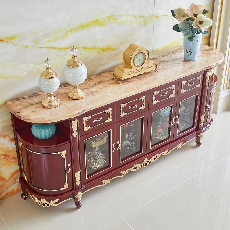 Marble dining cabinet, American style solid wood luxury villa wine cabinet, bowl cabinet, wall storage cabinet