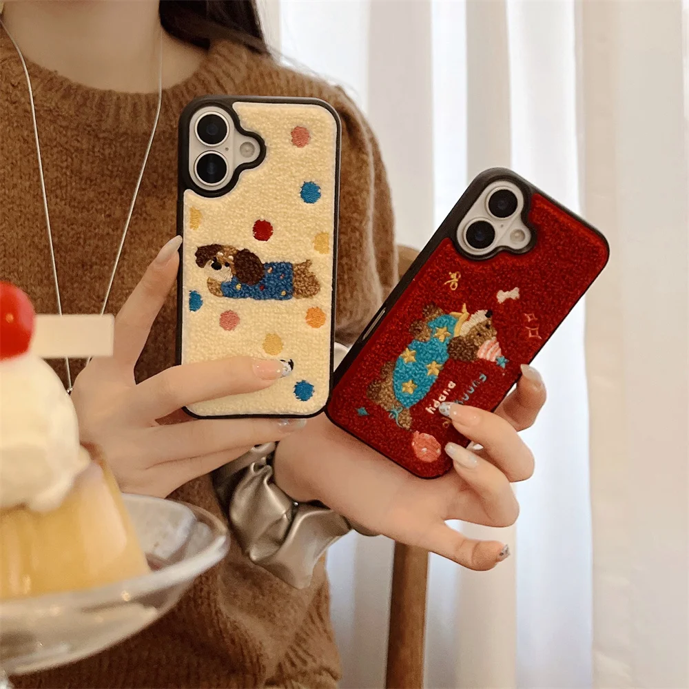 Luxury Cartoon Embroidery Cute Dog Cats Colorful Dots Phone Case For iPhone 13 14 15 16 Pro Max Plush Winter Shockproof Cover