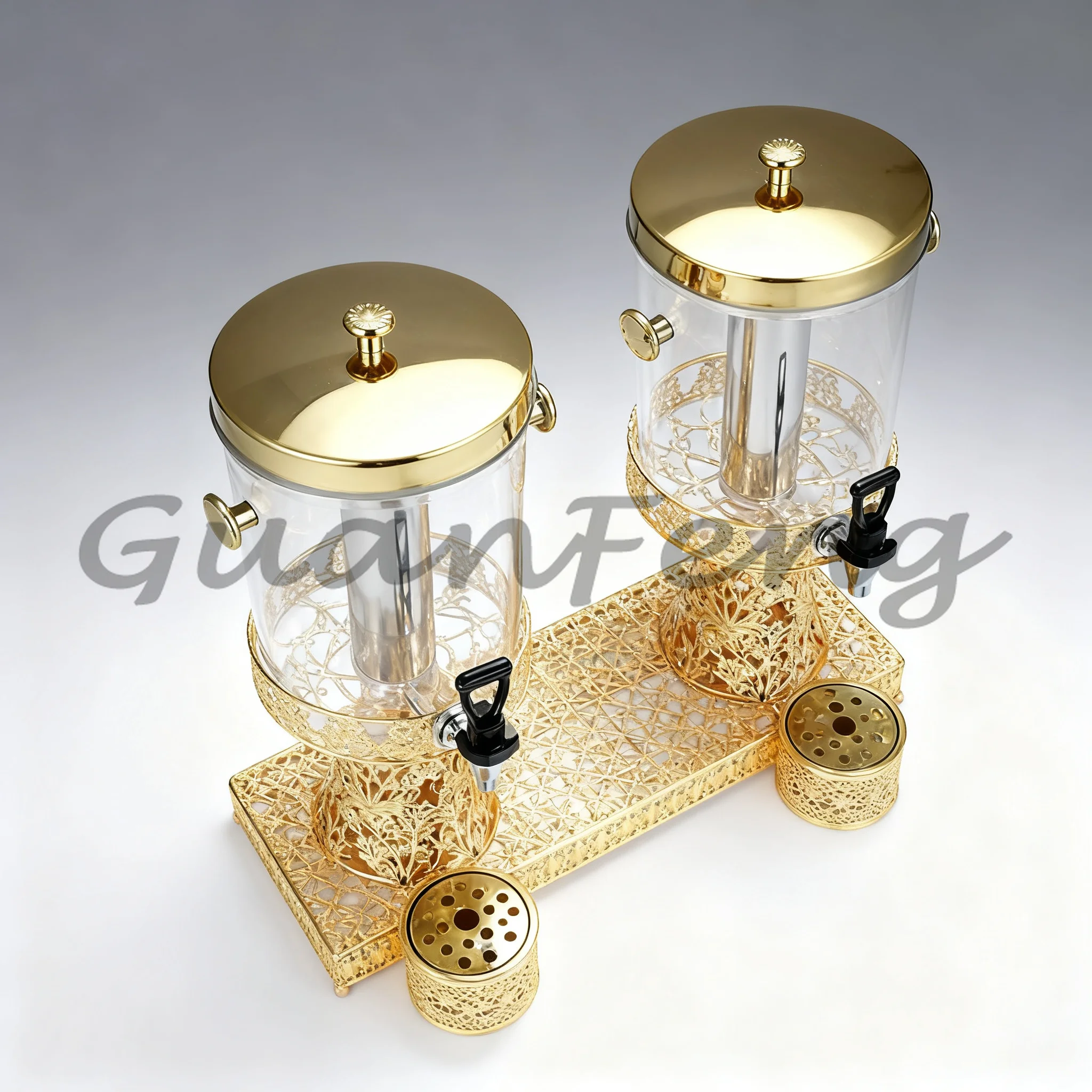 Commercial Dual Tank Gold Stainless Steel 16L Self Service Juice Beverage Dispenser With Ice Tube For Buffet Hotel Catering