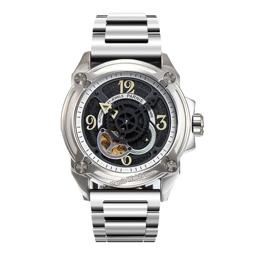 Parnis 44mm esqueleto hombres reloj de pulsera relojes mecánicos Japón Miyota82S5 mecánico militar piloto reloj oro rosa negro plata