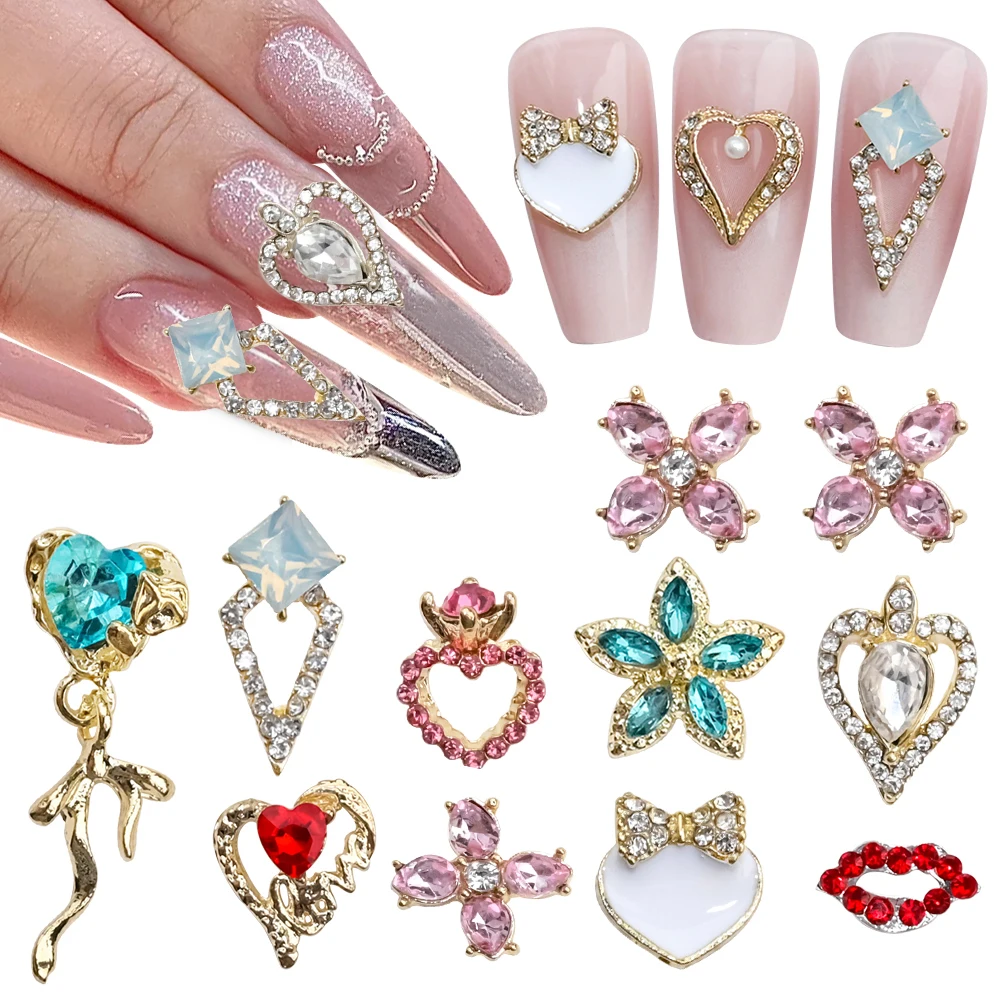 10 Uds. De dijes de uñas de amor para el Día de San Valentín, aleación de cristal de lujo, joyería de corazón y labios, diamantes de imitación para uñas, gemas rojas/azules, accesorio para uñas JE