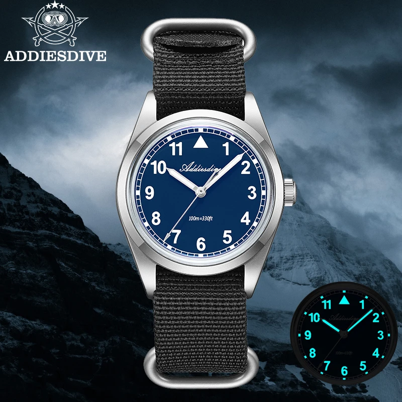 ADDIESDIVE New Men Pilot Watch 36mm Bubble Mirror Glass VH31 Quartz Wristwatch 100m Waterproof Retro Luminous Men's Watches