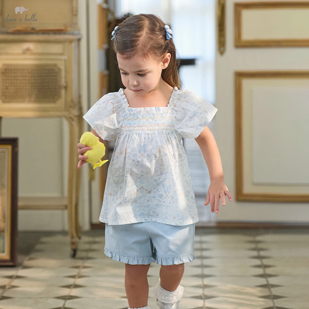 Dave Bella Girls Summer 2PCS Set 1-7 Years Short Sleeve Blouse Shorts Suits Childern Printed Tops Clothing Sets DB2261374