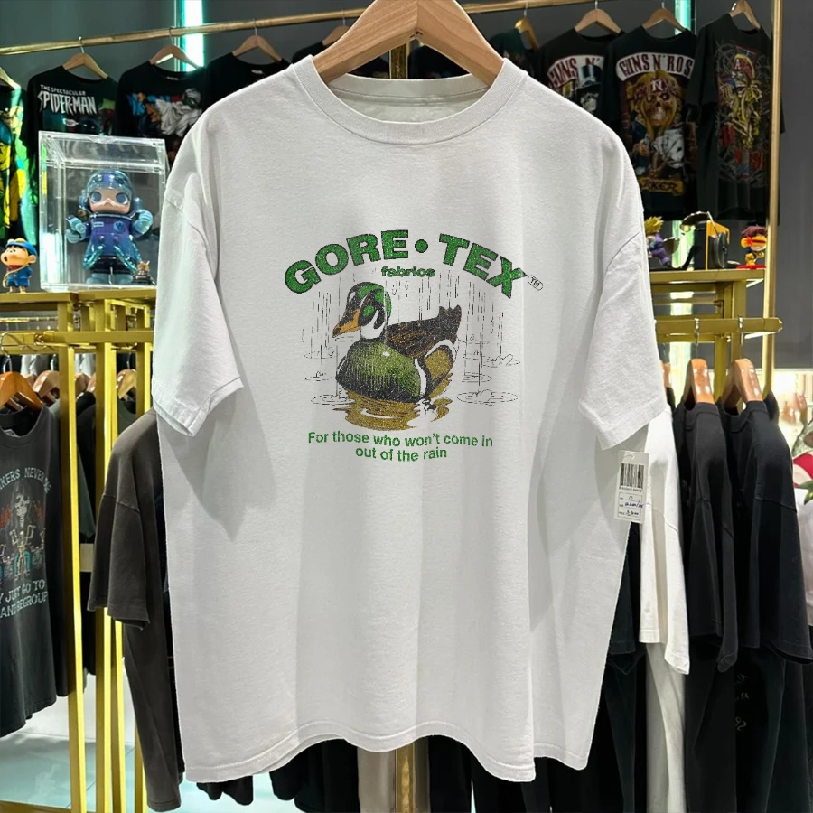 90er Jahre Gore-Tex Stoffe Promo Seltenes Gewaschenes Weißes T-Shirt Herren Sommer Baumwoll-T-Shirt, Bedrucktes Lässiges Sport-Kurzarmshirt – Detail 3