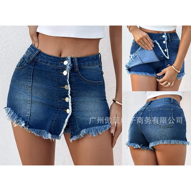 Frauen Sexy Sommer Frühling Taste Vordertasche Design Denim Rock Casual Asymmetrische Quaste Dekor Split Rock