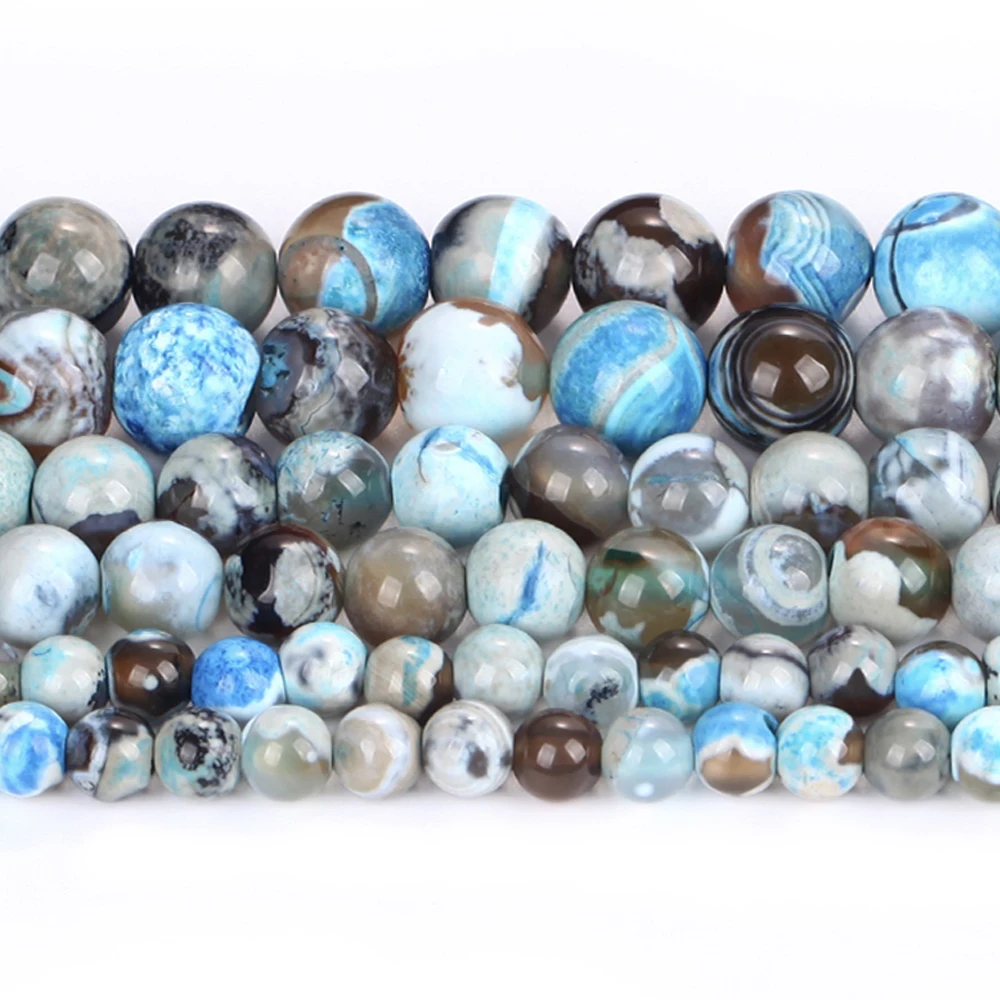 Natural Stone Beads 6-10mm Lake Blue Fire Agate Round Loose Spacer Beads for Jewelry Making DIY Bracelets Earring Accessories