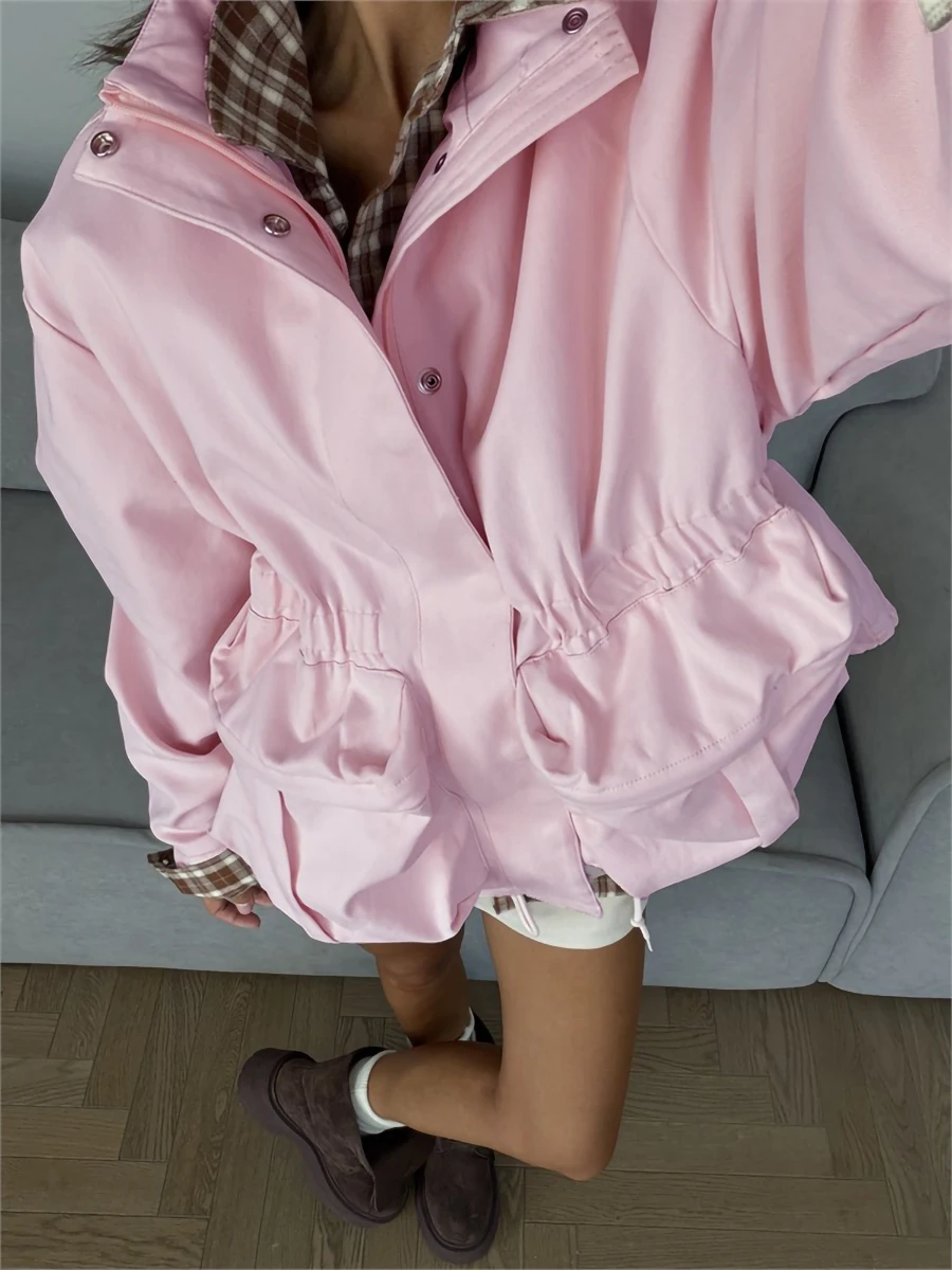 Bornladies 2026 Women's Autumn New Fashionable Versatile Solid Color Rubber Stretching Waist Stand Up Collar Fashion Jacket Coat