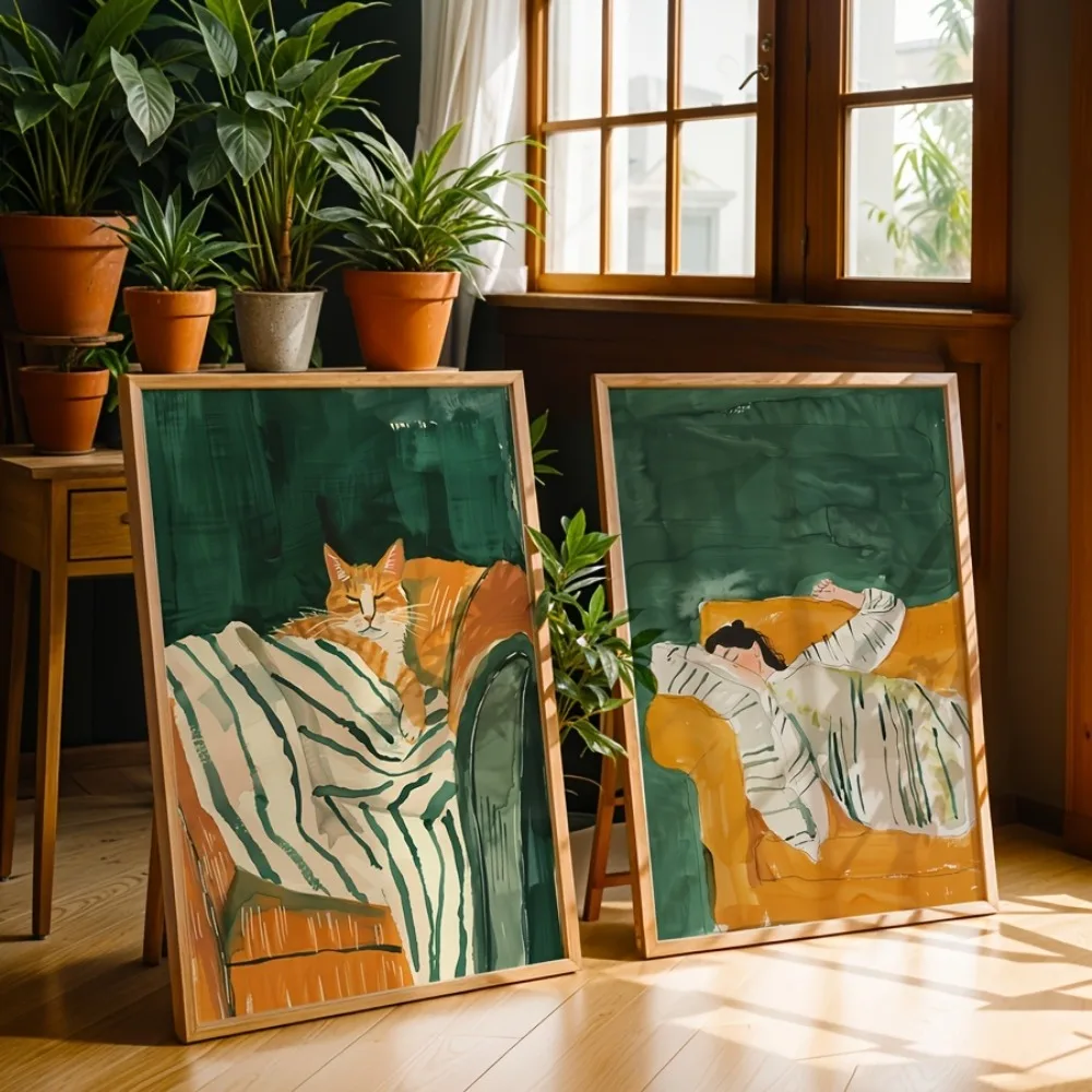 2PCS Large-sized frameless canvas paintings,2 Frameless Pieces,Including A Sleeping Cat,A Striped Woman and Abstract Figures,Wal