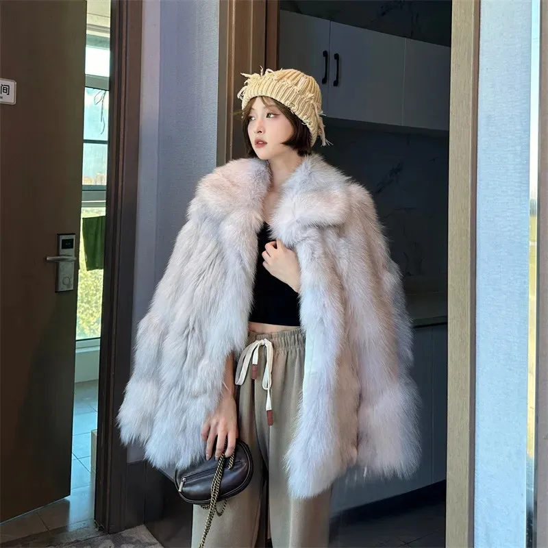 New Winter Coats Fashion Fur Coat Female Fox Hair Fur Collar Jacket Mid-Length Thick Suede Lining Overcoat Women Loose Outerwear