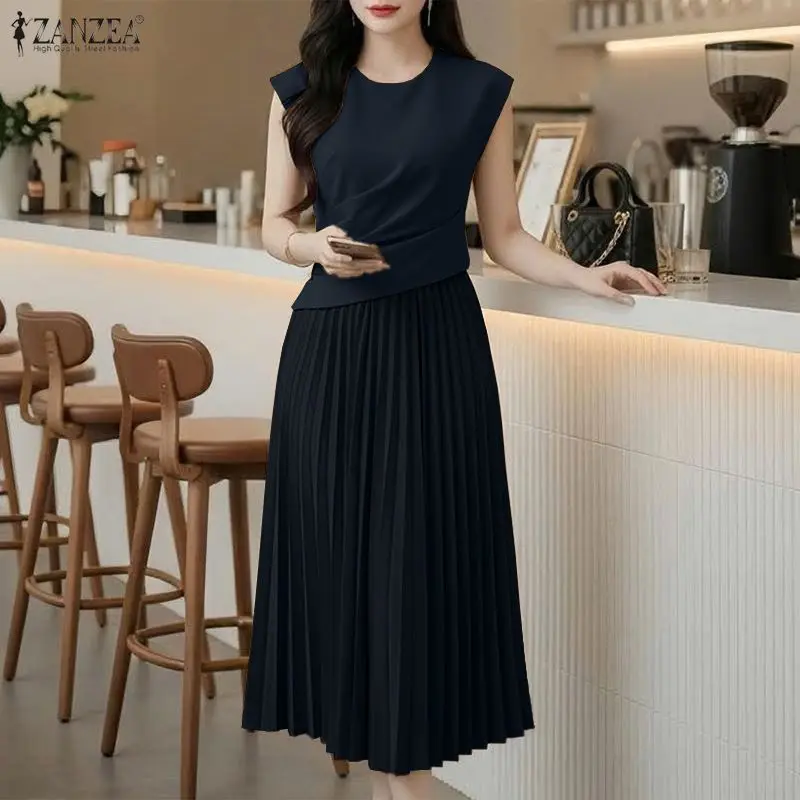 ZANZEA Mode Vrouwen Geplooide Lange Jurk Sexy Mouwloze Solid Elegant Party Vestidos 2026 Zomer O-hals Streetwear Kantoor Gewaad