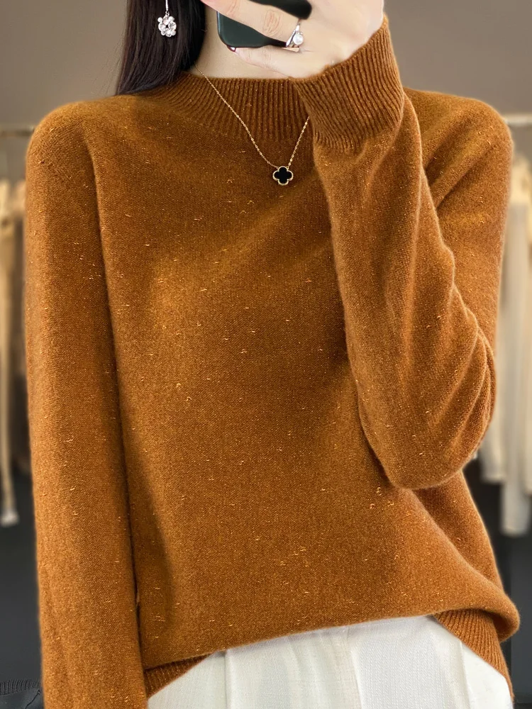 

2024 Women Autumn Winter Basic Sweater Mock Neck Long Sleeve Pullover 100% Merino Wool Knitwear Soft Comfy Female Clothing Tops