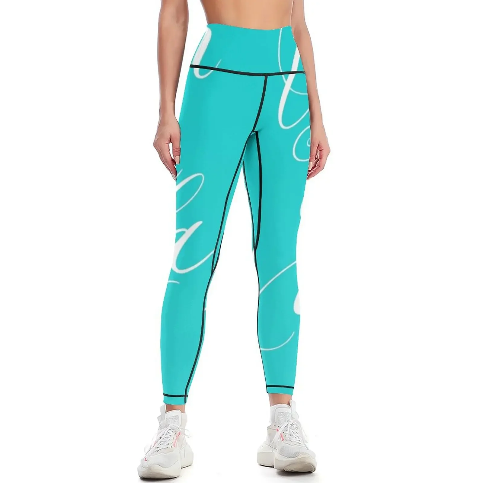 

Ooh La La- Sensuously Elegant White Lettering- Calligraphy -Aqua Teal Blue Leggings legging gym Womens Leggings