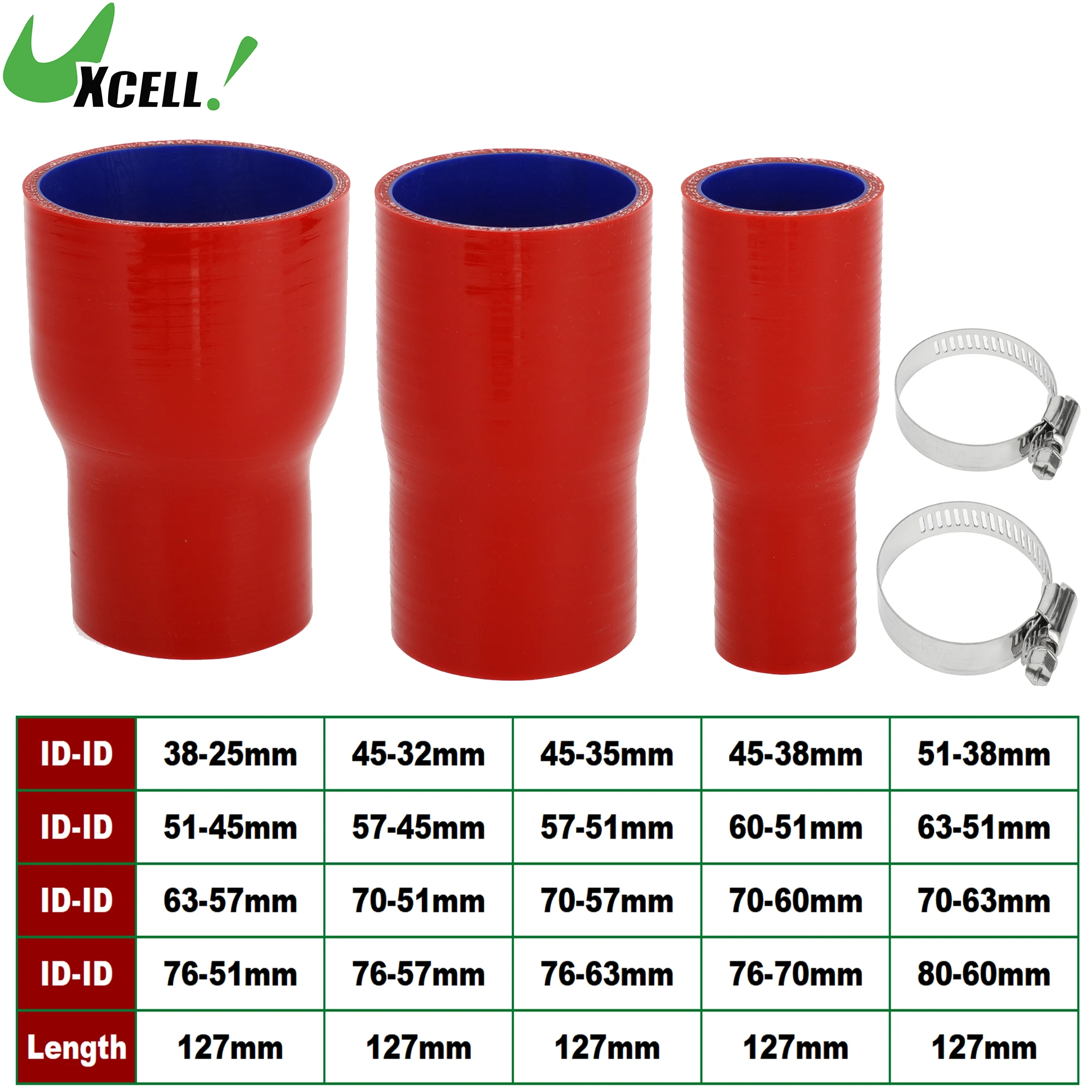 

UXCELL ID 38-25mm 45-38mm 57-45mm 63-51mm 70-57mm 76-57mm 127mm Length 0 Degrees Car Silicone Hose w/ Clamps Coolant Hose