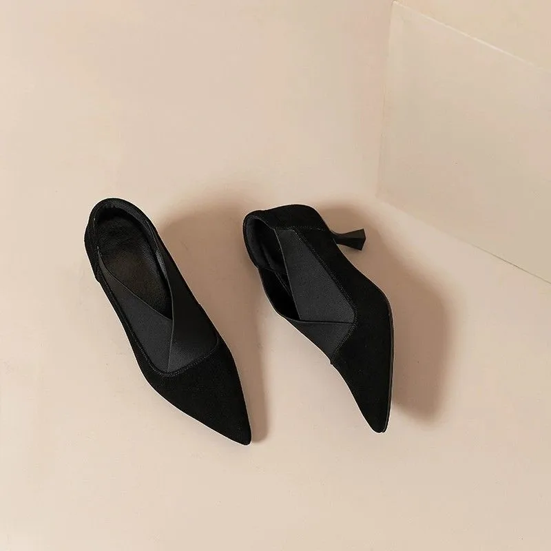 Women\'s Thin Heel Shoes Autumn New Pointed Mid-mouth Suede Slip-on Low-top Shoes with Anti-slip and Wear-resistant Temperament