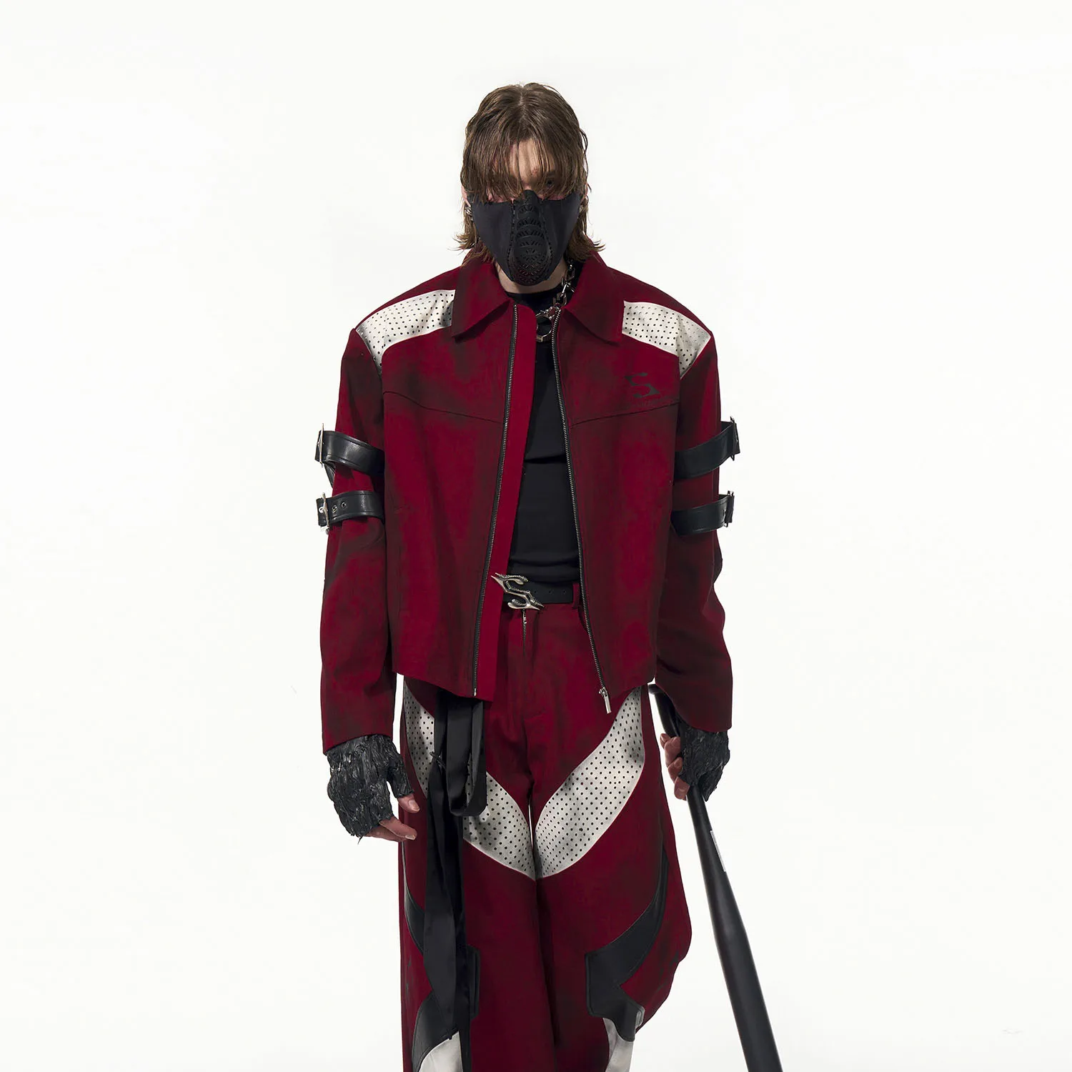 Men's Red Distressed Denim Jacket Cropped Spring Coat with Leather Panels and Strap Details for Alternative Streetwear Looks