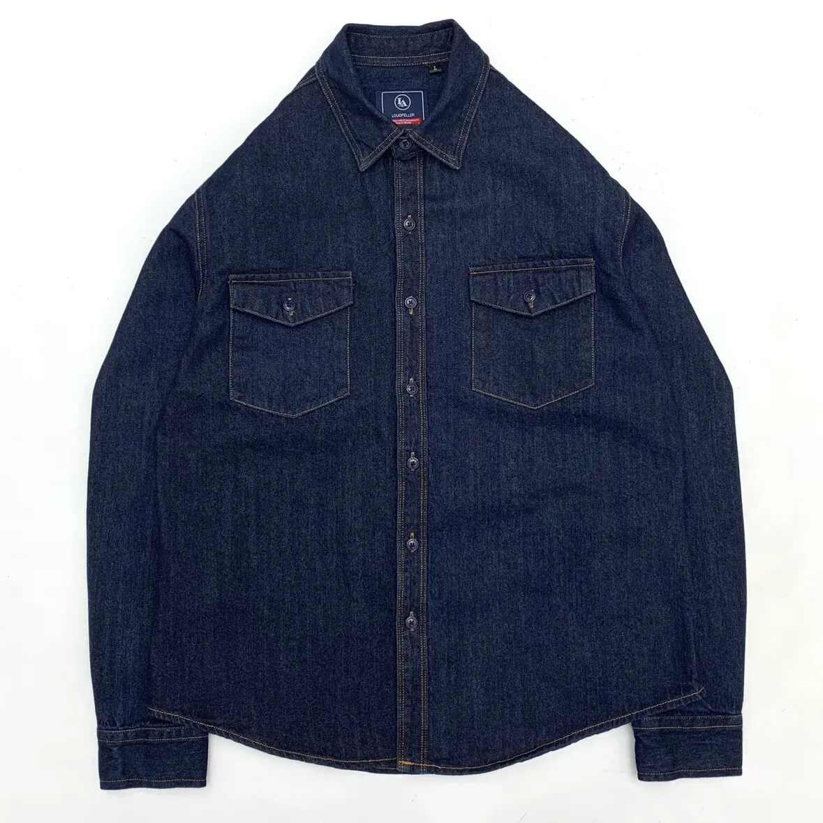 Amekaji Men's Heavy Washed 100% Cotton Workwear Denim Shirt Biker Style Loose Fit Dark Blue Outwear Streetwear American Vintage
