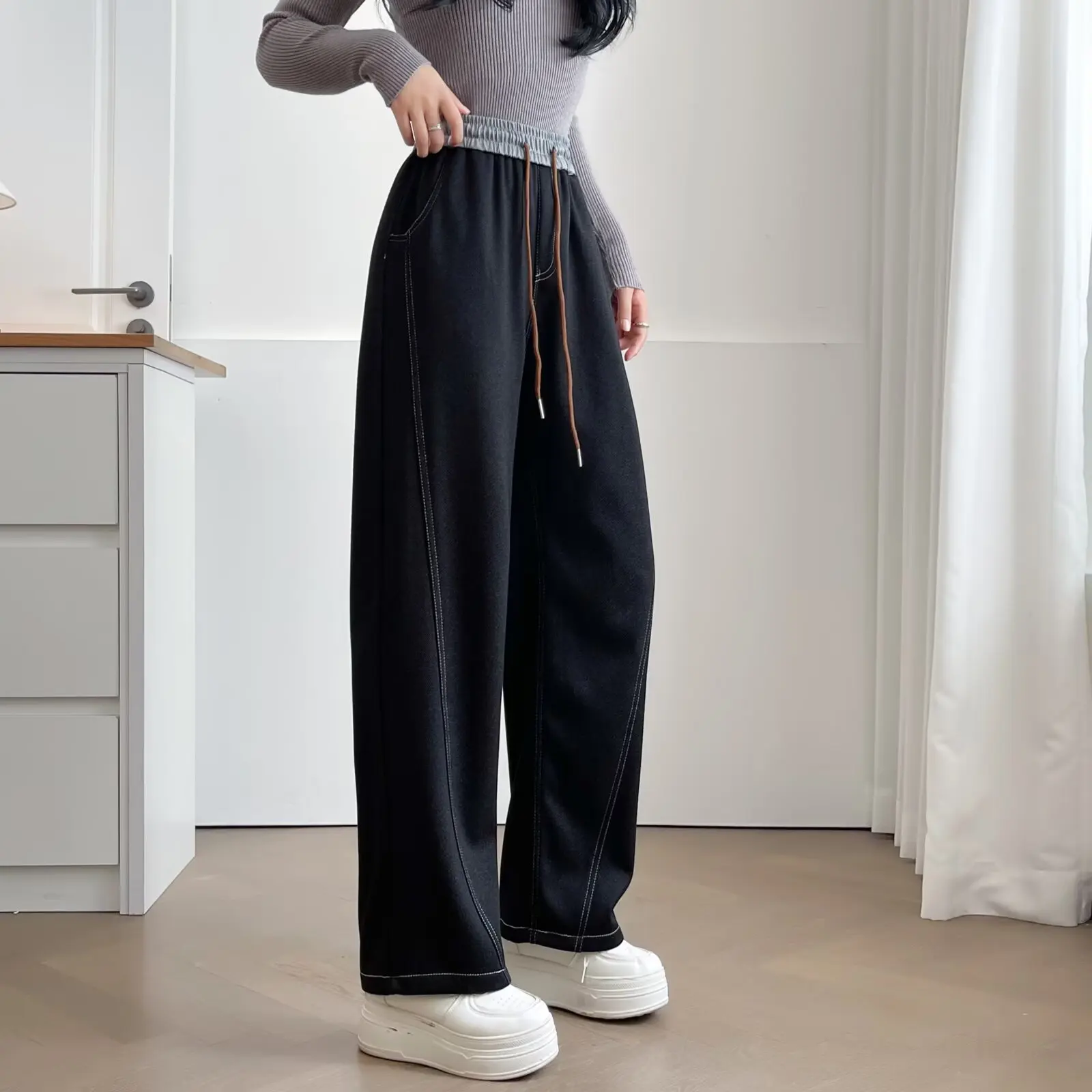 

XXXXL модные женские прямые брюки больших размеров, зимние брюки с утолщенной талией и флисом, теплые изогнутые повседневные брюки 887