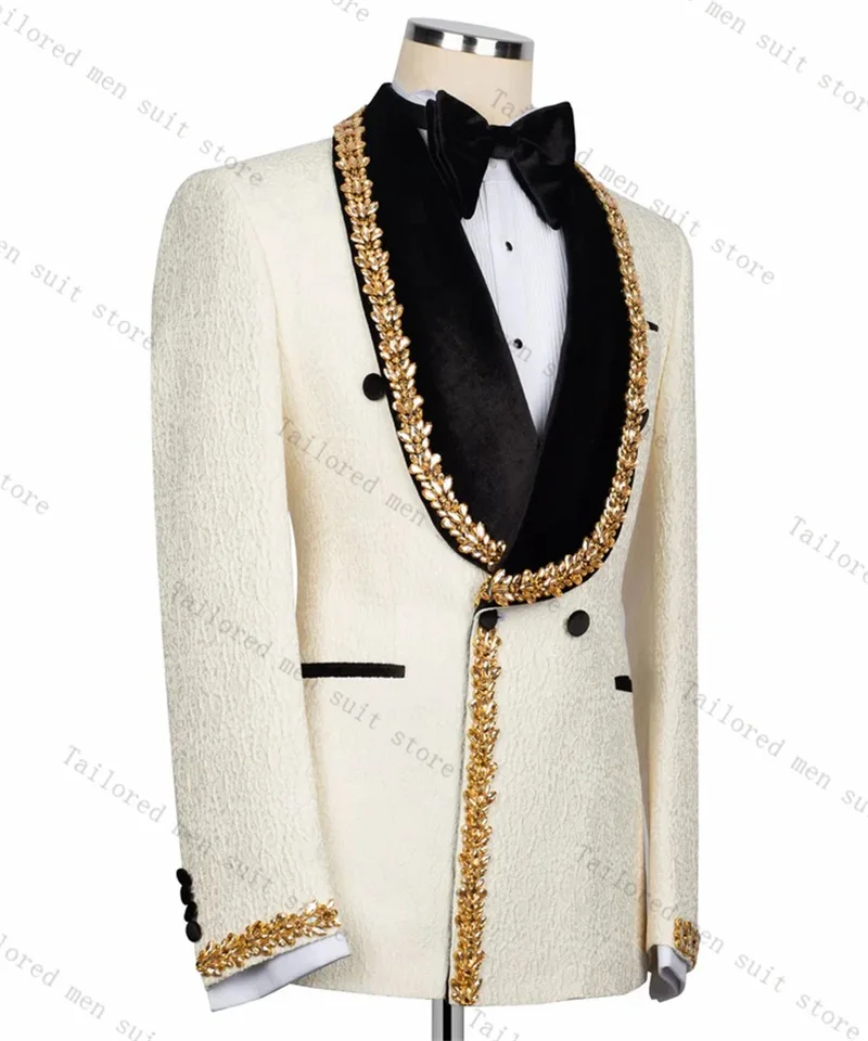 Jacquard Men Suits Pants Set 2 Pcs Crystals White Blazer+Black Trousers Velvet Lapel Wedding Tuxedos Prom Jacket Formal Coat